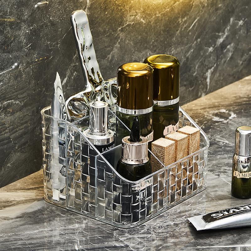 Luxurious Woven Pen & Cosmetic Organizer: Four-Grid Makeup Brush and Lipstick Holder