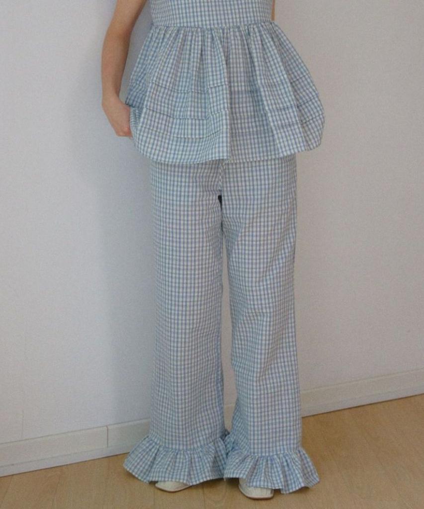 Okuka Summer String Frill Pants - Blue Check
