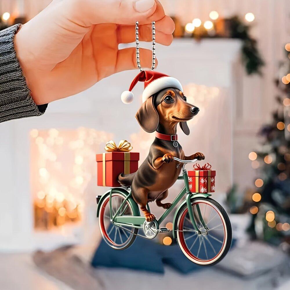 1pc Christmas Riding Dog Acrylic Hanging-Holiday Vintage Bike with Gift Car and Bag Keychain Decoration
