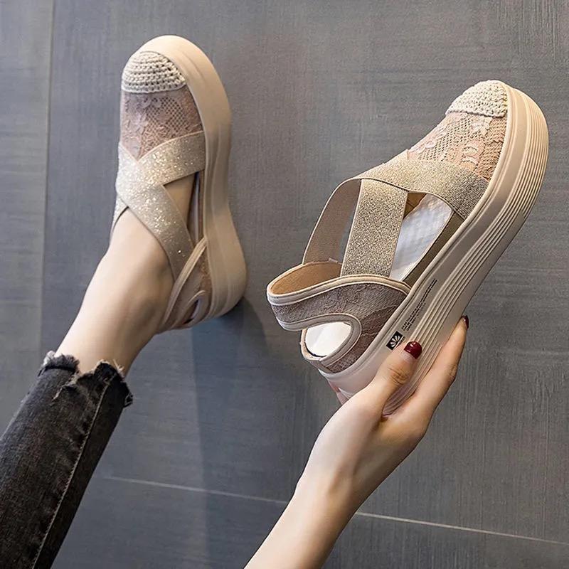 Women Retro Sewing Mesh Flats Summer Shoes Fashion Sandals Woman Elastic Bandage Casual Platform Sandals Loafers