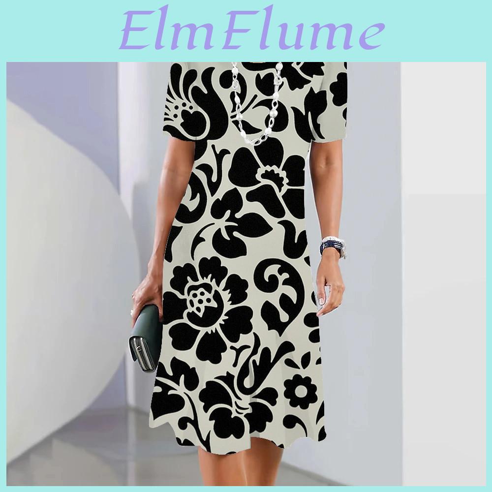 Black Flower 3d Printed Elegant Long Dresses Harajuku Womens Short Sleeves Tshirts Dresses Vintage Streetwear Swing Skirts