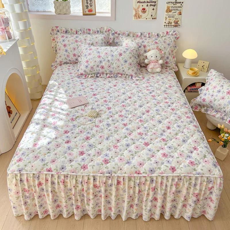 1pc Quilted Bed Skirt Four Corners With Elastic Flower Printed Thickened Mattress Bed Skirt Single/Queen/King Bed Sheet Skirt