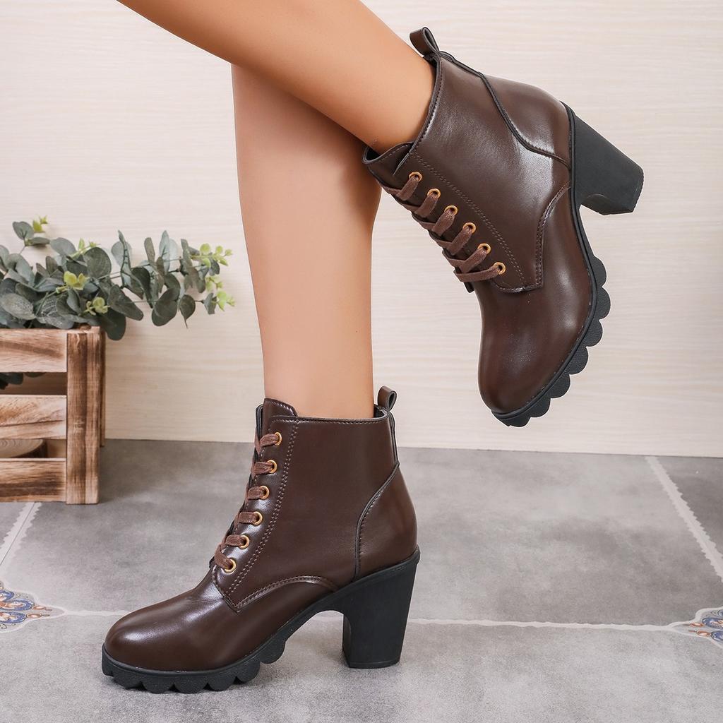 European and American low-heeled high-heeled boots autumn and winter thick-heeled waterproof table lace-up large-size Martin boots