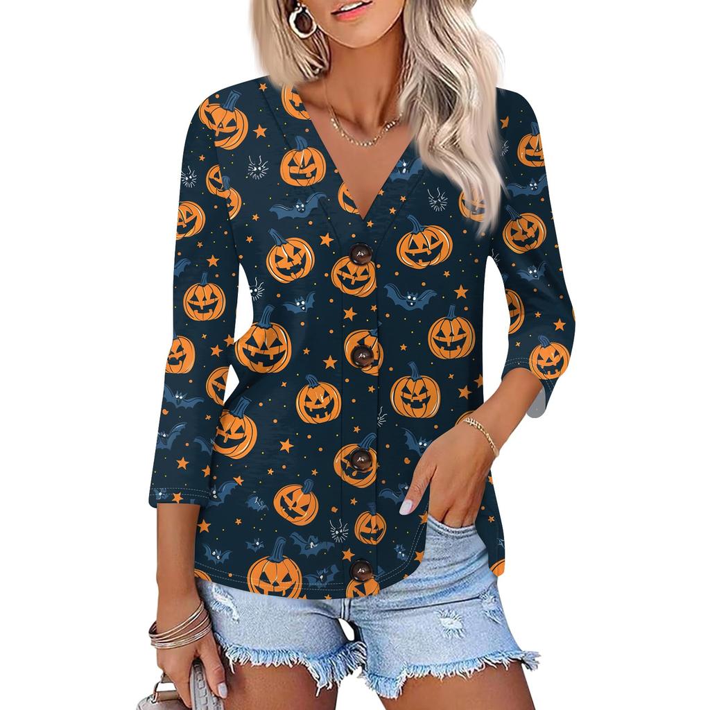 Women's Fashion Casual Print Button-down Shirt 3/4 Long Sleeve Tops
