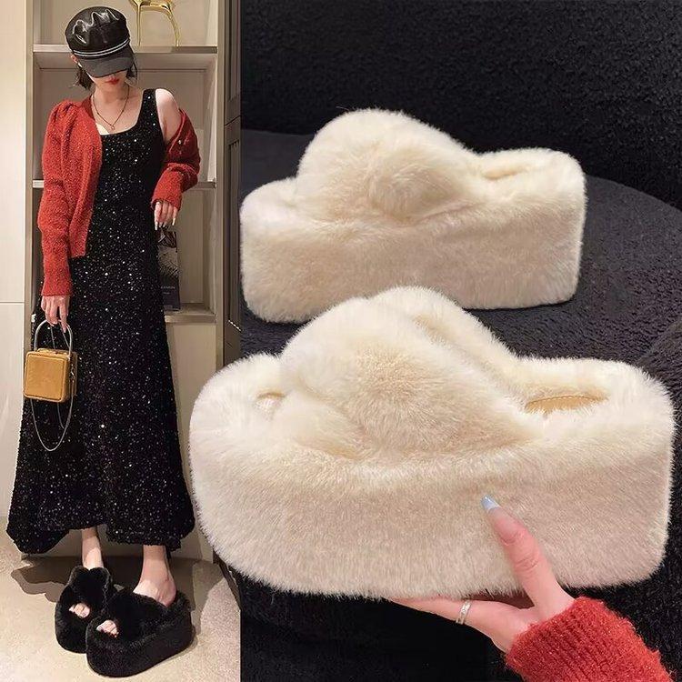 Slippers for Women To Wear Outside Autumn and Winter New Models for Small People To Increase Their Height Open-toed Cotton Tows