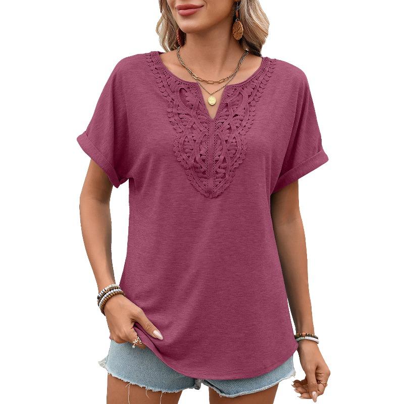 Spring and Summer New Style Solid-color V-neck Lace Loose Short-Sleeved T-shirt for Women