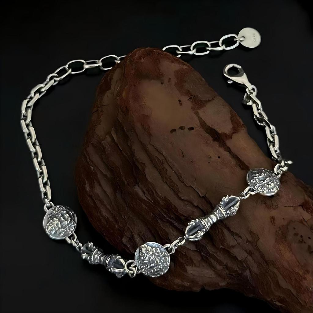 Náramek s Buddhovou sochou boha bohatství a Vadžrou ze sterlingového stříbra S925 pro ženy - Originální niche design