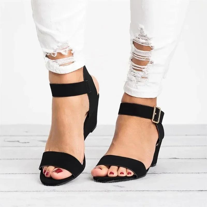 High Quality Wedges Shoes Women Casual Sandalias De Mujer Solid Flock Open Toe Mid Heel Roman Beach Sandals Women High Heels