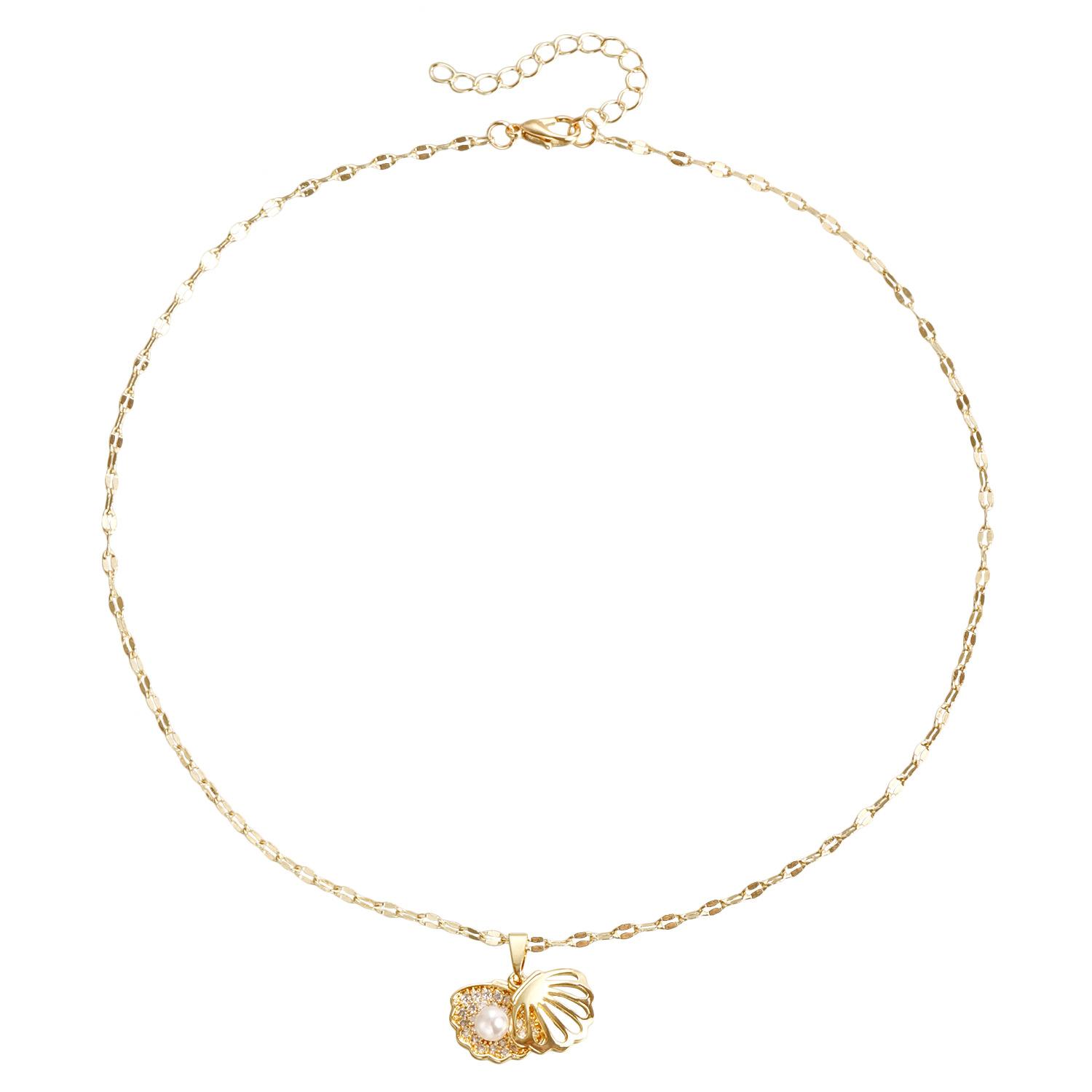Fashion copper inlaid zirconium strands empty shell imitation pearl necklace, collarbone lip chain necklace золотой
