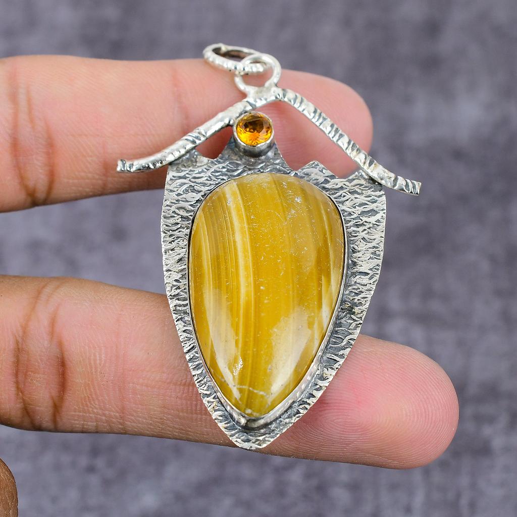 Natural Septarian, Citrine Handmade 925 Sterling Silver Pendant 2.17" ET-1544