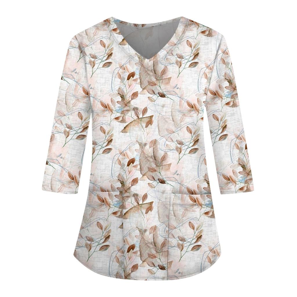 Damen Lockerer V-Ausschnitt Tasche Geometrie-Print Dreiviertelarm Workwear Top