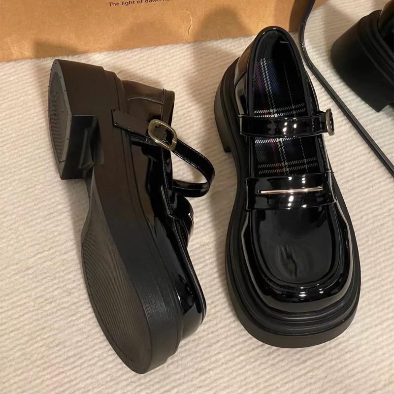 One-word Buckle Mary Jane Small Leather Shoes Women's Spring New Retro College Style Single Shoes Platform
