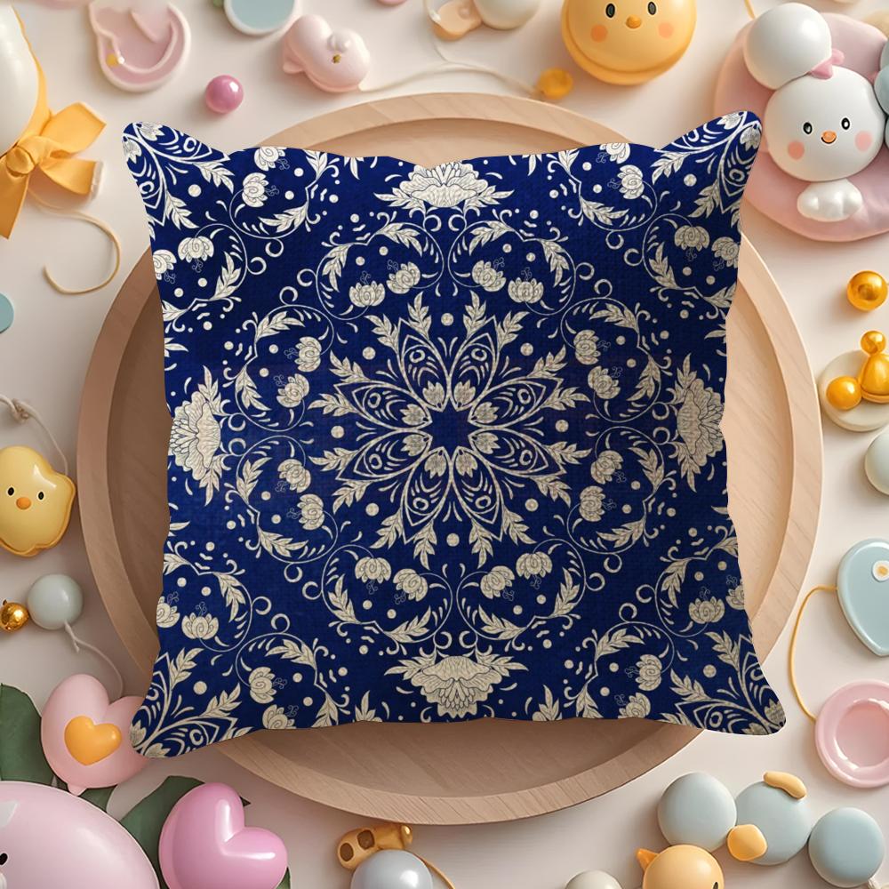 Ethnisch blauer floraler Kissenbezug Musterbedruckter Kissenbezug für Wohnzimmer Sofa Kissenbezug & Schlafzimmer Dekoration