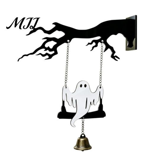 Gothic Home Accents Halloween Ghost Swing Bat WELCOME Wind Chime, Bell Door Decoration with Vintage Copper Dead Tree Silhouette Bells, Rustic