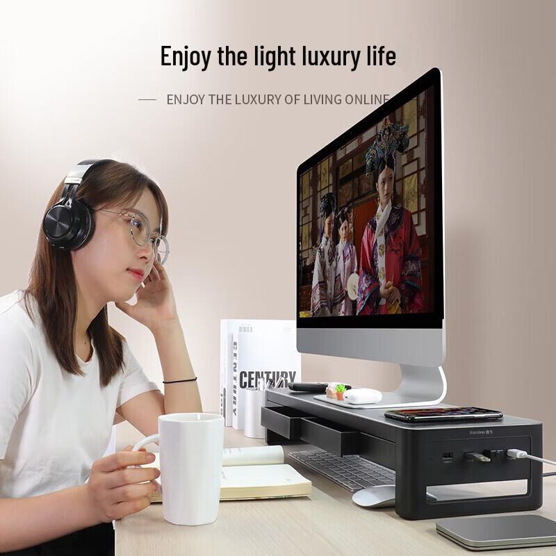 Monitor Riser with USB Hub and Large Storage Drawer