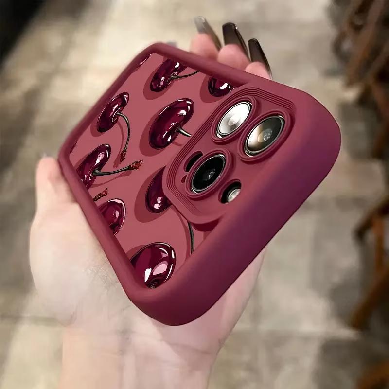 Luxury Wine Red Cherry Pattern Phone Case For iPhone 16e 16 15 14 13 12 11 Pro Max XS Max XR 7 8 Plus Shockproof Silicone Cover