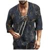 Camisas holgadas con estampado de cuello en V y lino de algodón de media manga corta para hombre