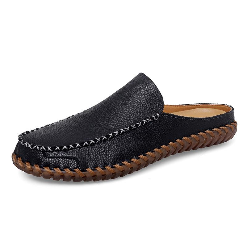 Large Size Men's Slippers Wear Half Slippers Outside, First Layer Leather, Summer Breathable Fashion Trendy Shoes Bag Head Casual Shoes