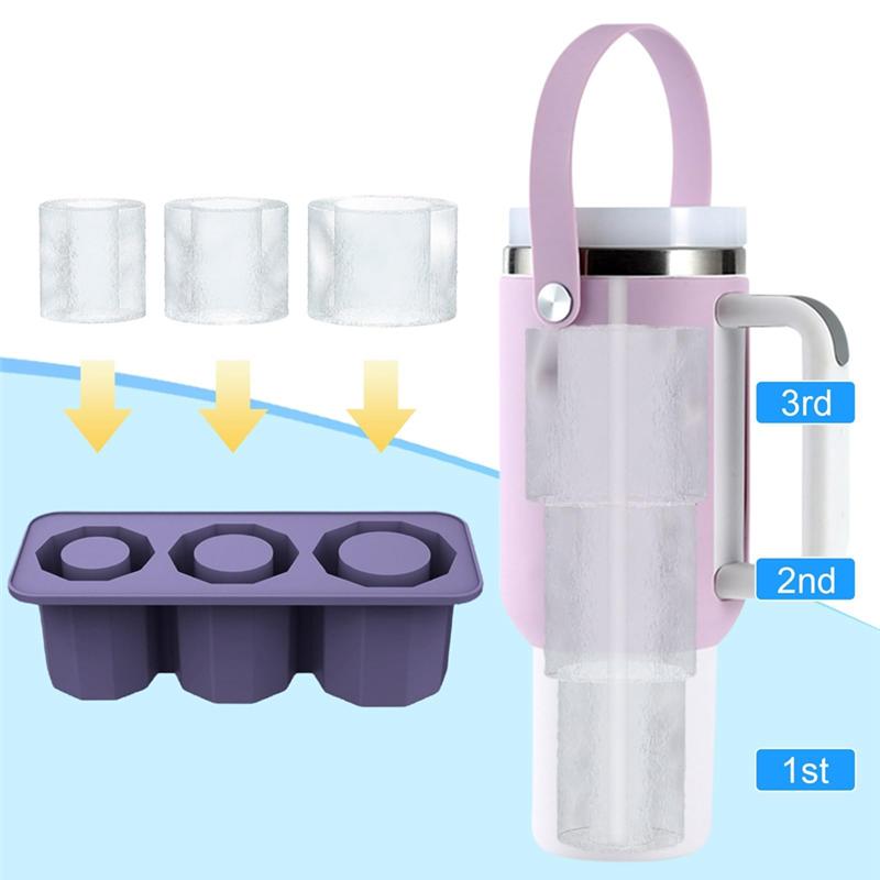 ABWR-Silicone Ice-Cube Trays For Freezer 3 Hollow Cylinder Ice Molds With Lid For 30-40 Oz Cups, Whiskey, Coffee, Cocktails