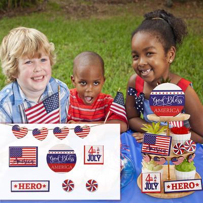 Tiered Tray Decor Wood Patriotic Decorations Independence Day Star Small Sign Gnome Firework Table Decor Red White Blue