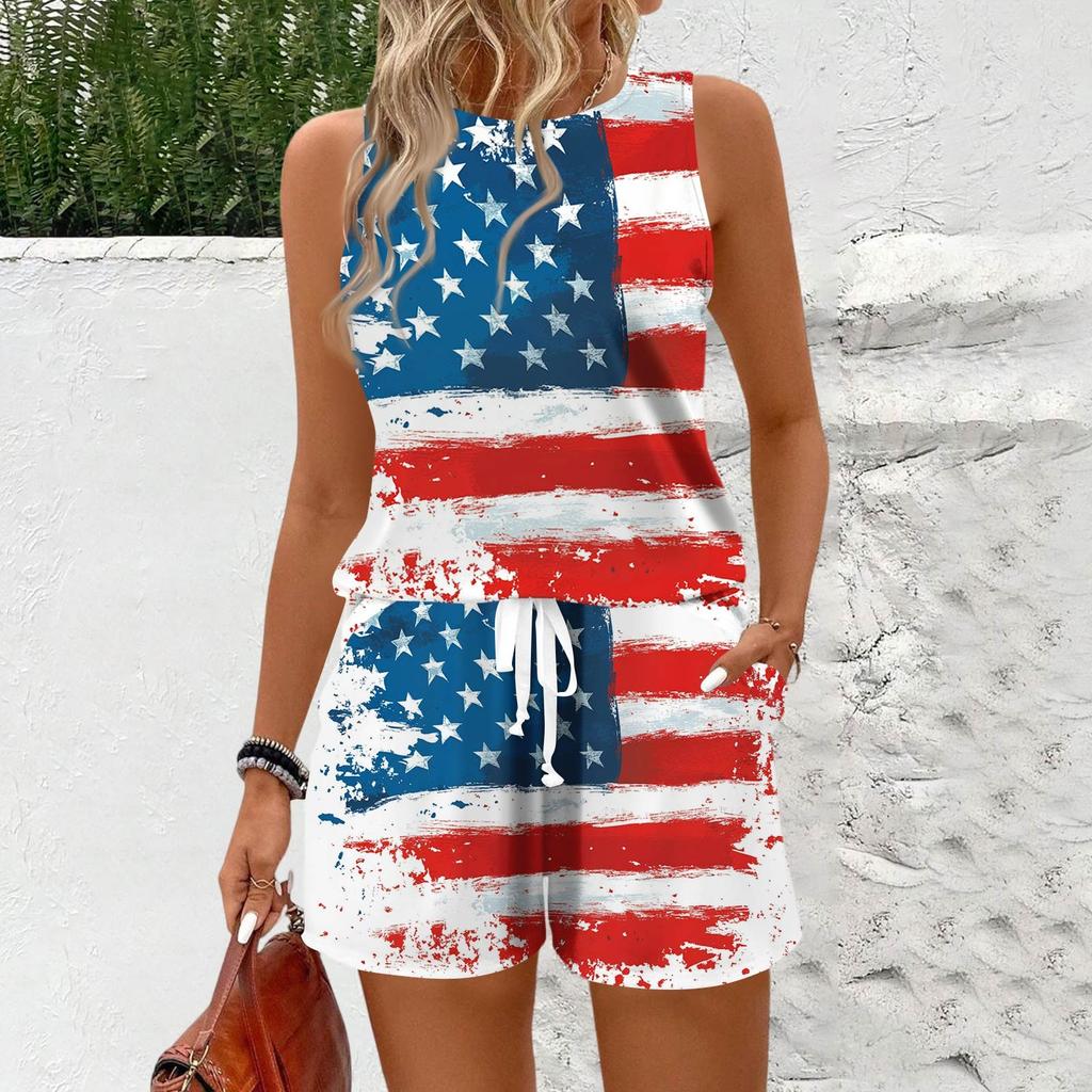 Women's Summer Colour Block Print Vest Sleeveless Top Shorts Set