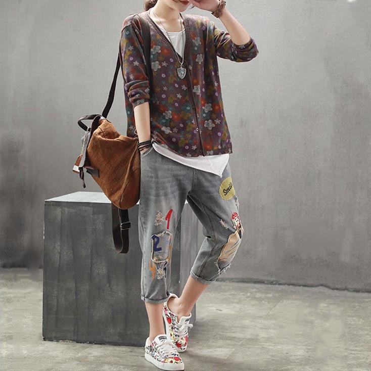 Female Floral Cardigans Winter V Neck Sweater Women Autumn Button Long Sleeve Warm Casual Ladies Knitted