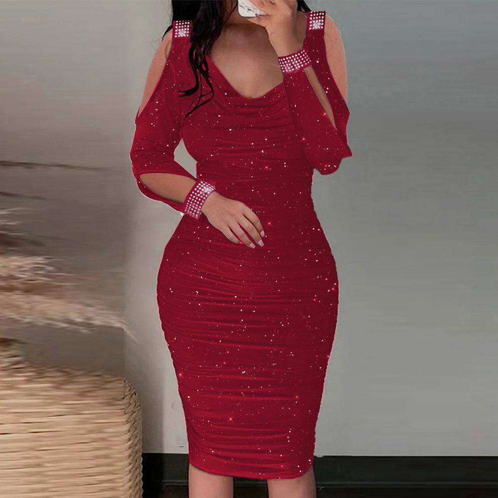 

Весна и лето, новое облегающее платье с запахом на бедрах, сексуальный воротник-стойка выше колена, расшитая пайетками юбка средней длины XL бордовый