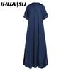 IHUASU Summer Denim Dress For Women Casual Spring Blue Maxi Dresses V Neck Half Sleeve Plus Size Long Dresses With Slit