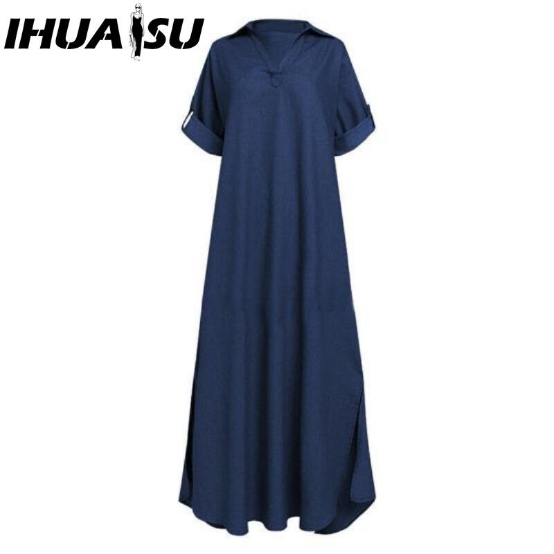 IHUASU Summer Denim Dress For Women Casual Spring Blue Maxi Dresses V Neck Half Sleeve Plus Size Long Dresses With Slit