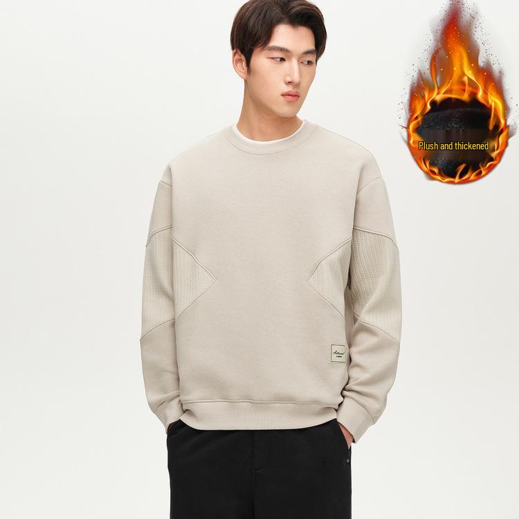WOOG2005 Men s Velvet Apricot Patchwork Round Neck Hoodie - Autumn/Winter 2025 Collection. M
