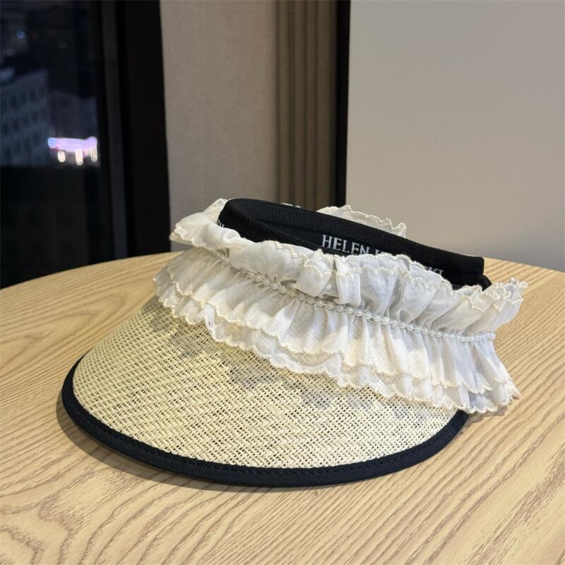 Lace Bow Straw Empty Top Sunscreen Hat Women's Summer Big Brim Sunshade UV Protection Sun Hat