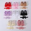 Elegant Lace Pearl Tulle Bow Baby Crib Shoes Matching Stretch Headband Set, Non-Slip Flexible Sole Toddler First Walkers Princess Outfit Accessory