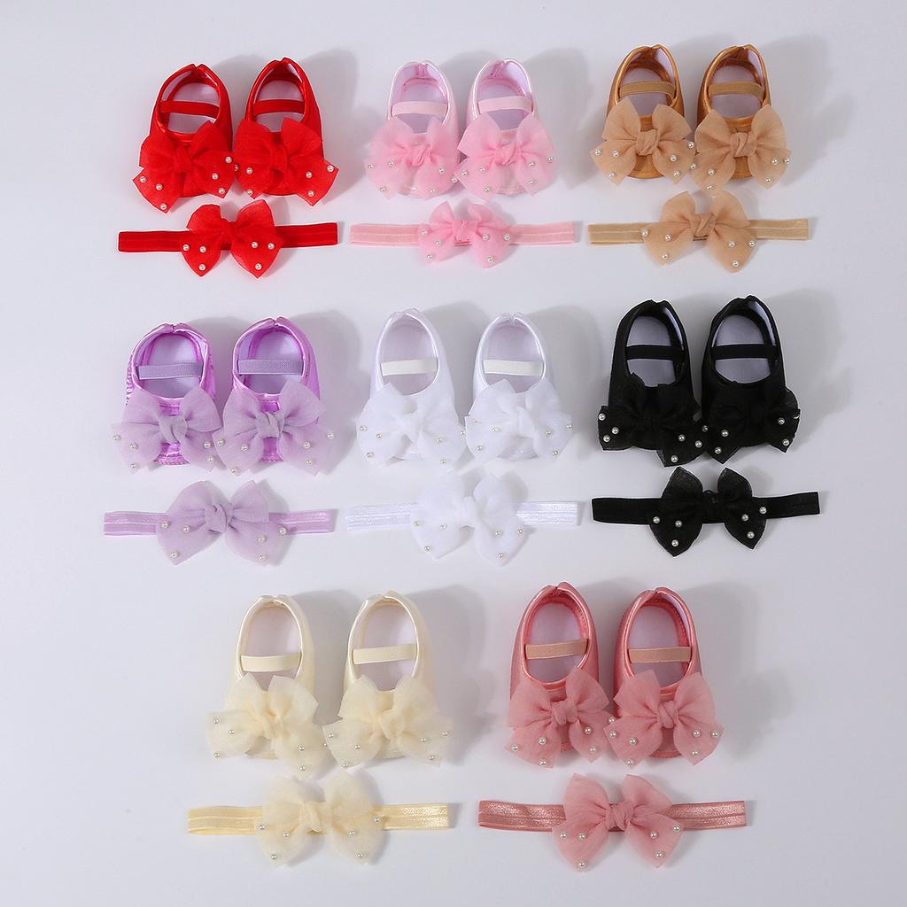 Elegant Lace Pearl Tulle Bow Baby Crib Shoes Matching Stretch Headband Set, Non-Slip Flexible Sole Toddler First Walkers Princess Outfit Accessory