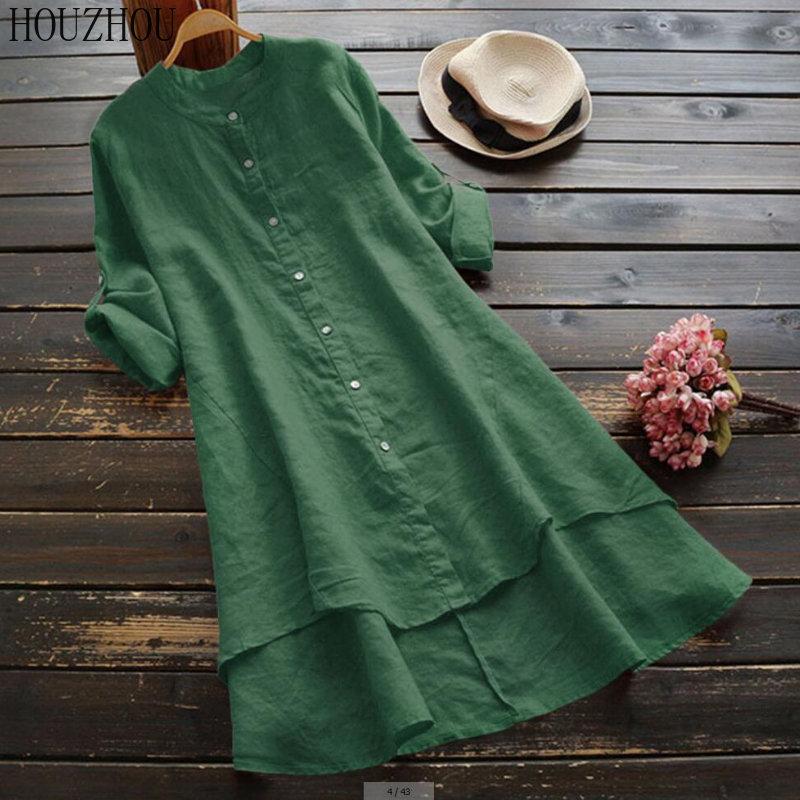 HOUZHOU Solid Cotton Linen Shirt Women Button Round Neck Long Sleeve Shirt Elegant Basic Office Ladies