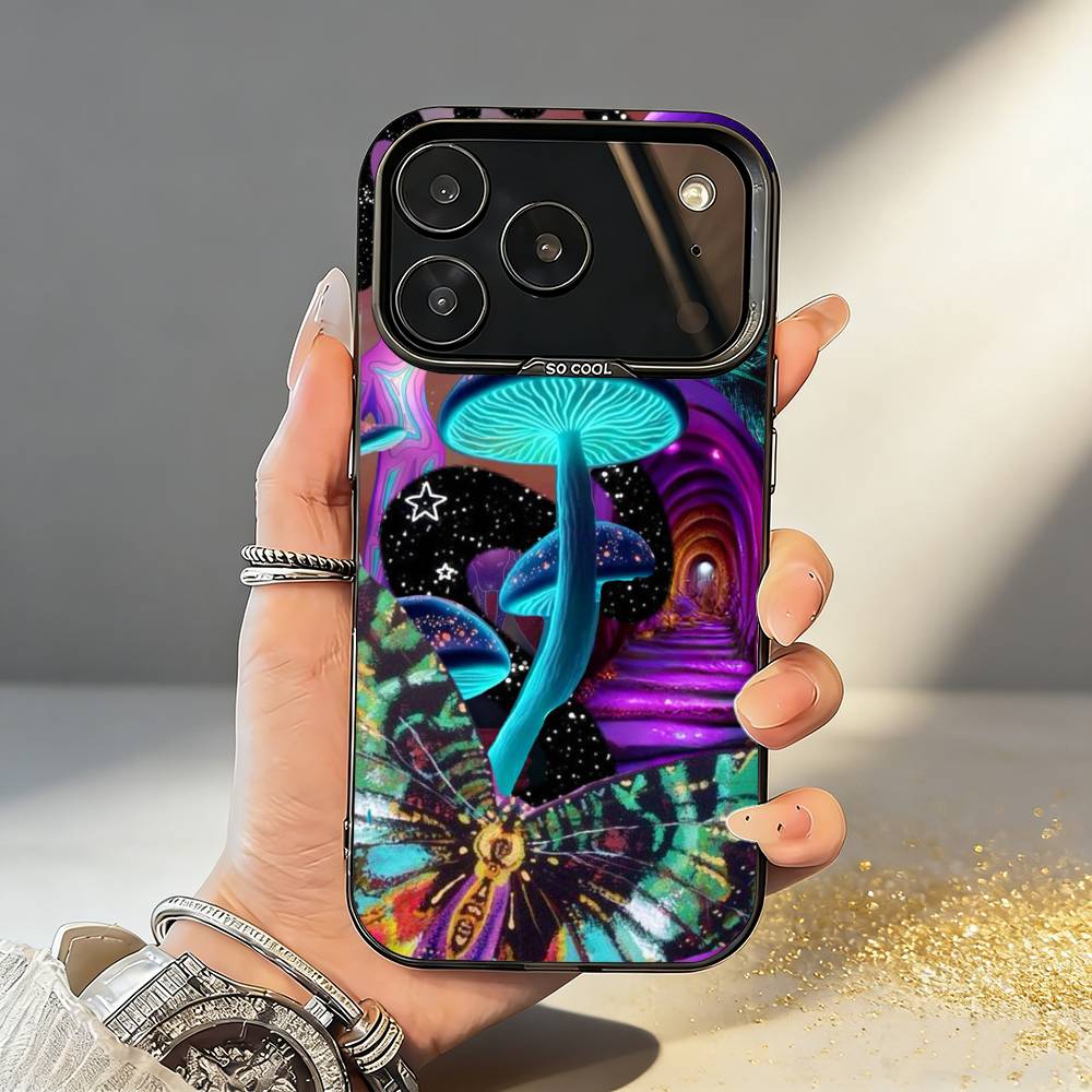 P-Psychedelic C-Colored M-Mushroom Phone Case For iPhone17,16,15,14,13,12,11,Pro,MAX Gray Matte Silicone Black Cover