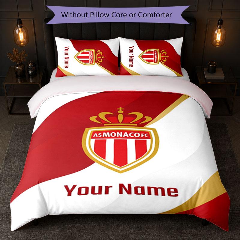 Monaco FC Custom Name Text Bedding Set 1 Duvet Cover+2 Pillowcases Soccer Logo Personalized Gift For Special Occasion Bedroom Decor