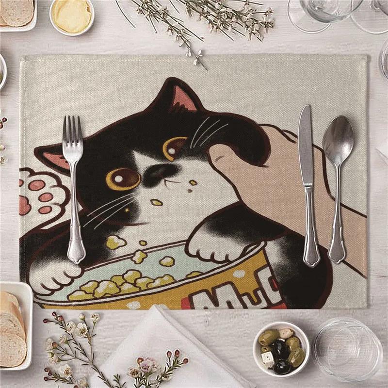 Cute Kiss Cat Pattern Kitchen Placemat Dining Table Mats Drink Coasters Western Pad Cotton Linen Cup Mat 45*32cm