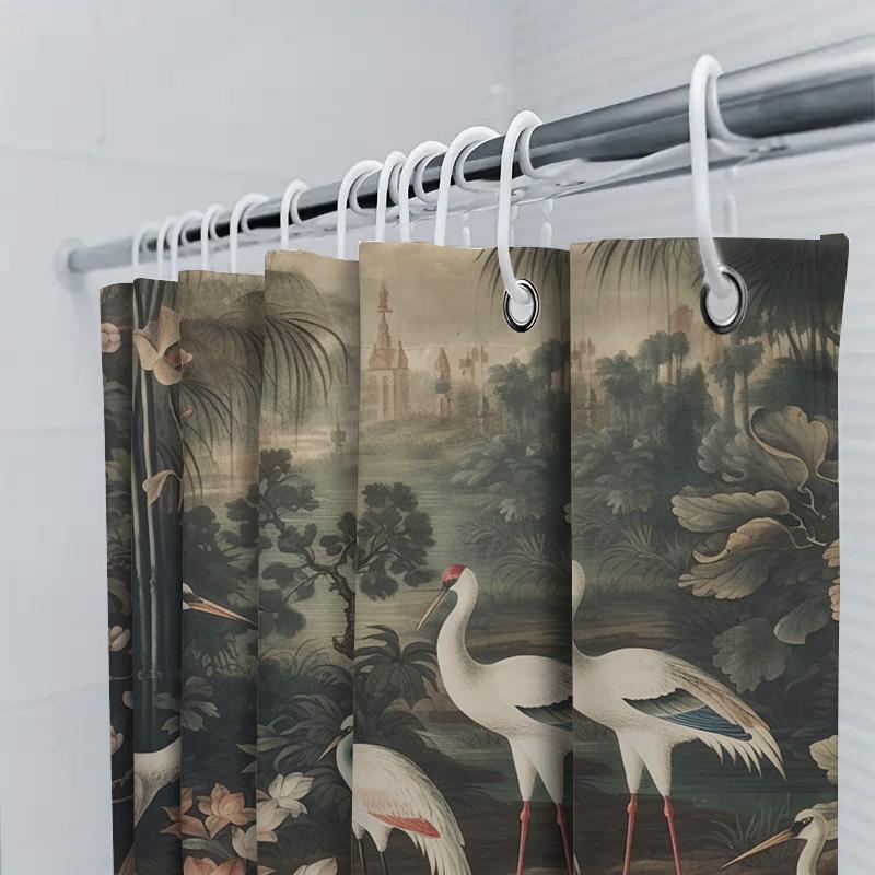 Exquisite Oriental Bird Bathing Curtains Vintage White Crane Print Shower Curtain for Bathroom Decoration