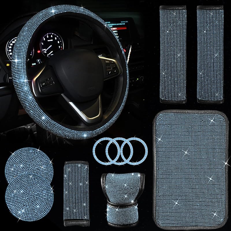 11 Pcs Bling Car Accessories Set,Bling Car Accessories Set For Women,Steering Wheel Cover For Women Universal Fit 15 Inch,Rhinestone Center Console