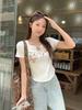 Apricot letter bow printed lace-up short-sleeved T-shirt women's summer new design niche top