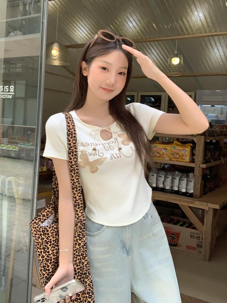 Apricot letter bow printed lace-up short-sleeved T-shirt women's summer new design niche top