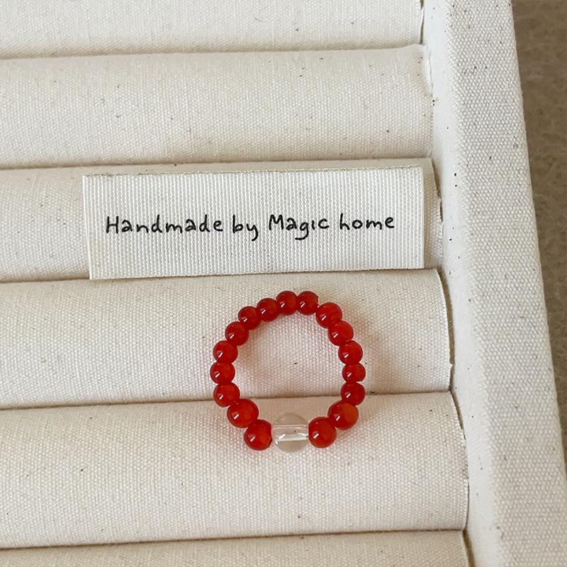 Red Dripping Oil Love Beaded Elastic Rope Ring Female Retro Personality Fashion Commuting Simple Versatile Ring Ring