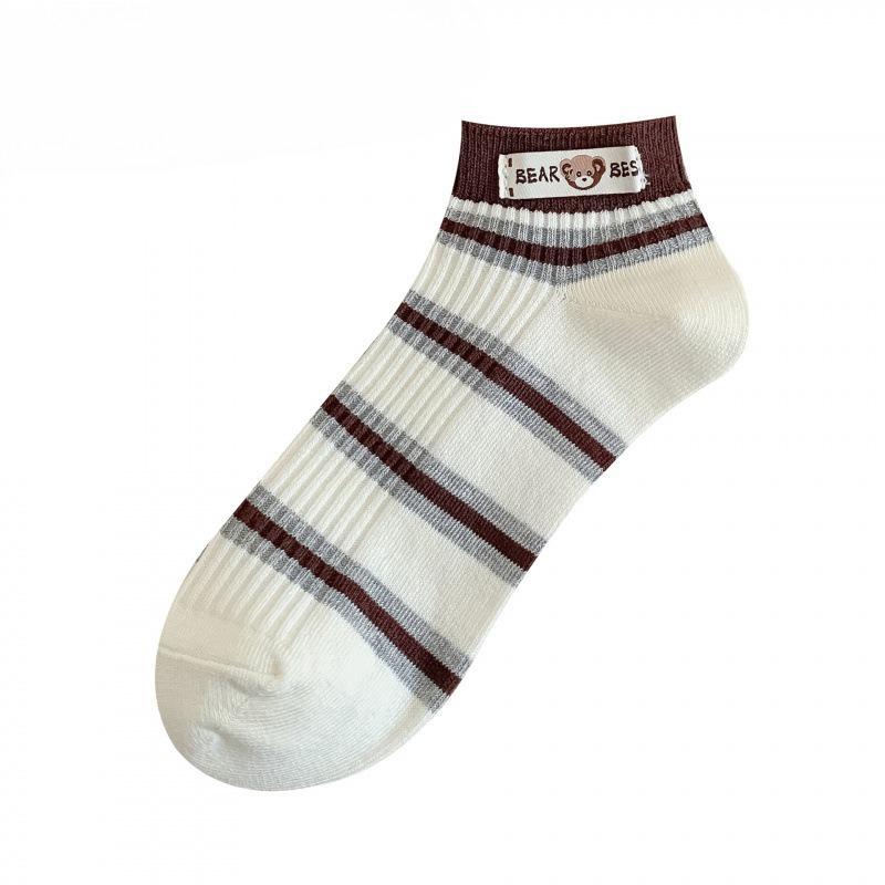 

Женские весенне-летние новые милые полосатые тканевые носки с логотипом медведя в студенческом стиле, дышащие, без косточек 1 pair света кофе