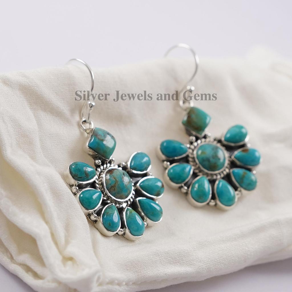 Kingman Turquoise Earring, Birthday Earring, 925 Sterling Silver Earring, Hanging Turquoise Earring, Multi Stone Earring, Handmade Earring