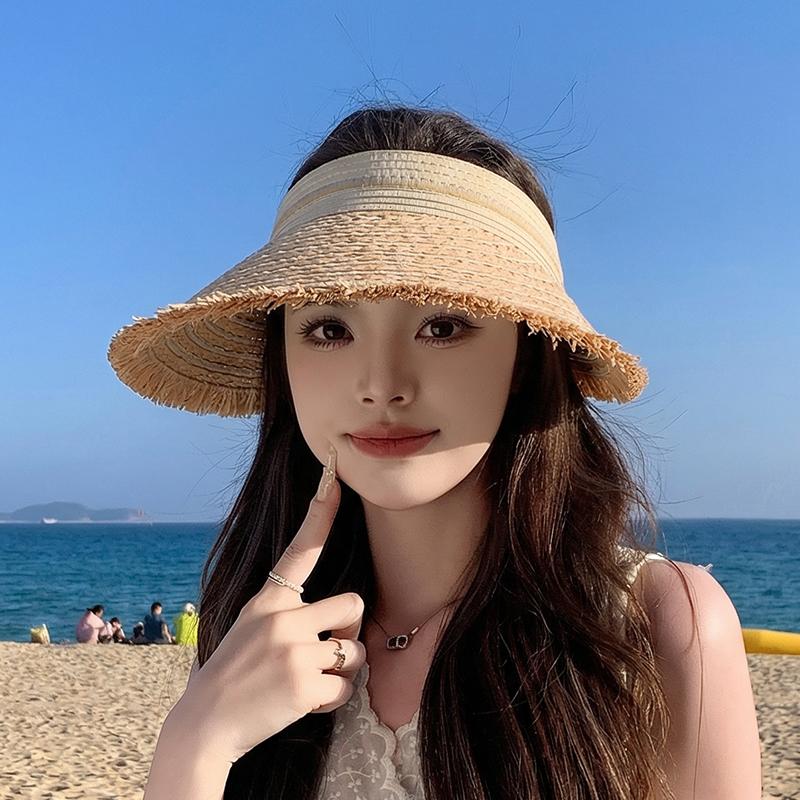 Summer Large Eave Empty Roof Grass Hat Korean Version Fashionable Outdoor Sun Hat Beach Beach Trip Sun Hat for Women
