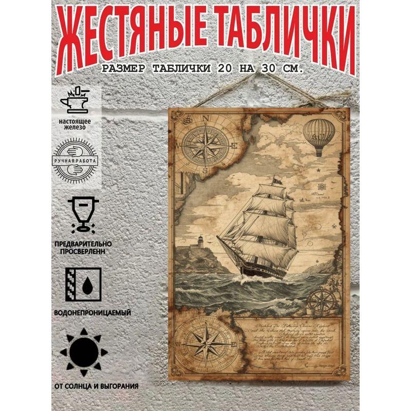 Vintage Sailing Ship Nautical Map Metal Wall Art Decor 20x30cm