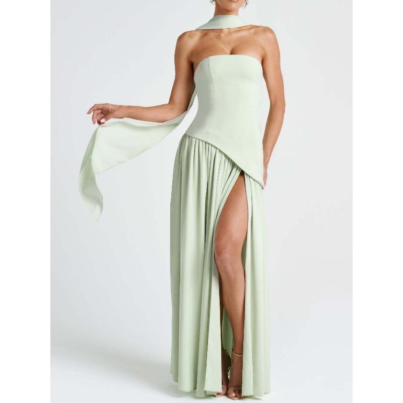 Dames Bandeau Top Effen Kleur Jurk met Split Modieus en Sexy Halter Hoge Split Lange Jurk Nieuw
