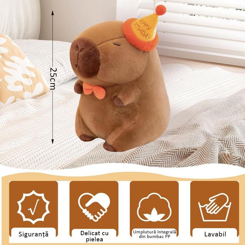 Capybara Plush Toy 25cm Brown Birthday Theme Soft Animal Stuffed Doll with Hat Safe Material Perfect Gift for Kids & Adults