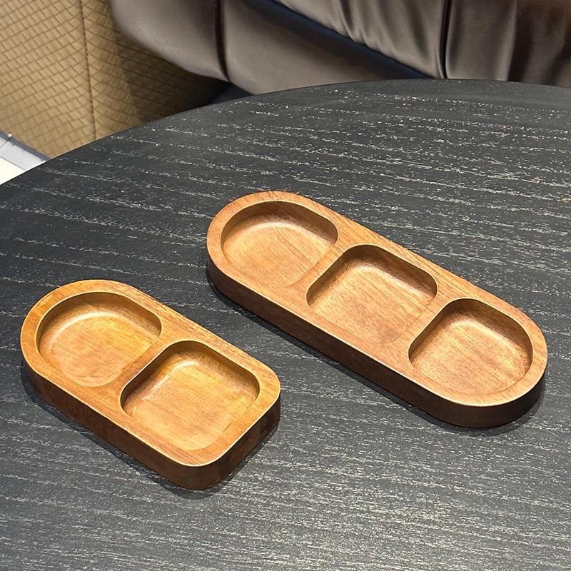 Acacia Wood 3-Compartment Condiment Dish, Snack & Sauce Plate for Hot Pot or BBQ.