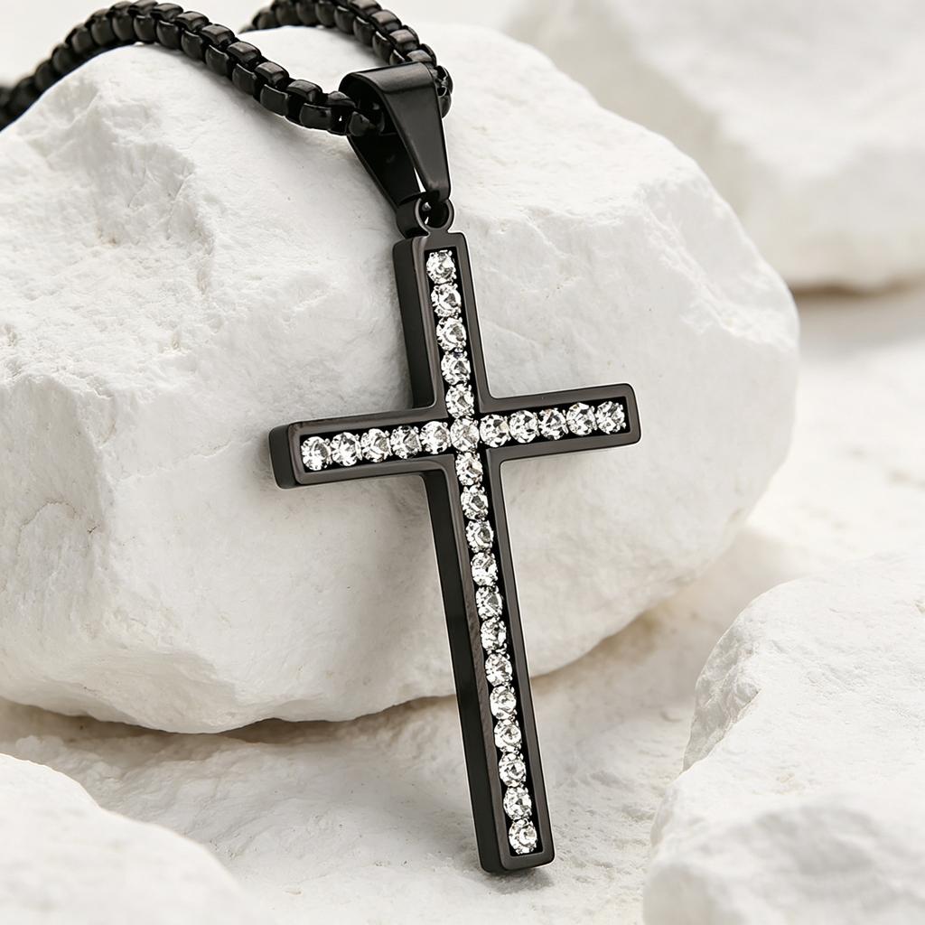 Stainless Steel Cubic Zirconia Cross Pendant Necklace, Zircon Inlay Faith Jewelry Gold/Silver Color Black for Men